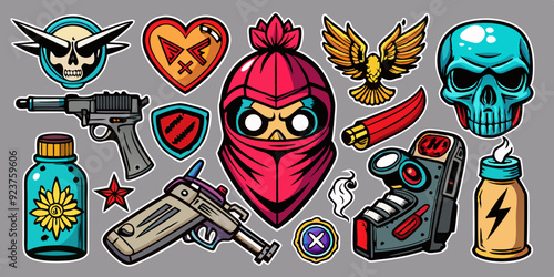 Street spray graffiti element set, grunge sticker kit balaclava, vector retro urban ghetto print. Gangster tattoo kit, underground can Greek sculpture head, heart, angel, blade, gun. Street graffiti