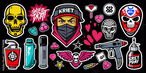 Street spray graffiti element set, grunge sticker kit balaclava, vector retro urban ghetto print. Gangster tattoo kit, underground can Greek sculpture head, heart, angel, blade, gun. Street graffiti