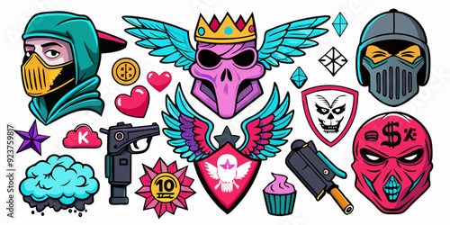 Street spray graffiti element set, grunge sticker kit balaclava, vector retro urban ghetto print. Gangster tattoo kit, underground can Greek sculpture head, heart, angel, blade, gun. Street graffiti