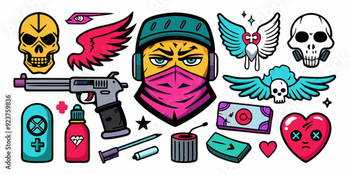 Street spray graffiti element set, grunge sticker kit balaclava, vector retro urban ghetto print. Gangster tattoo kit, underground can Greek sculpture head, heart, angel, blade, gun. Street graffiti