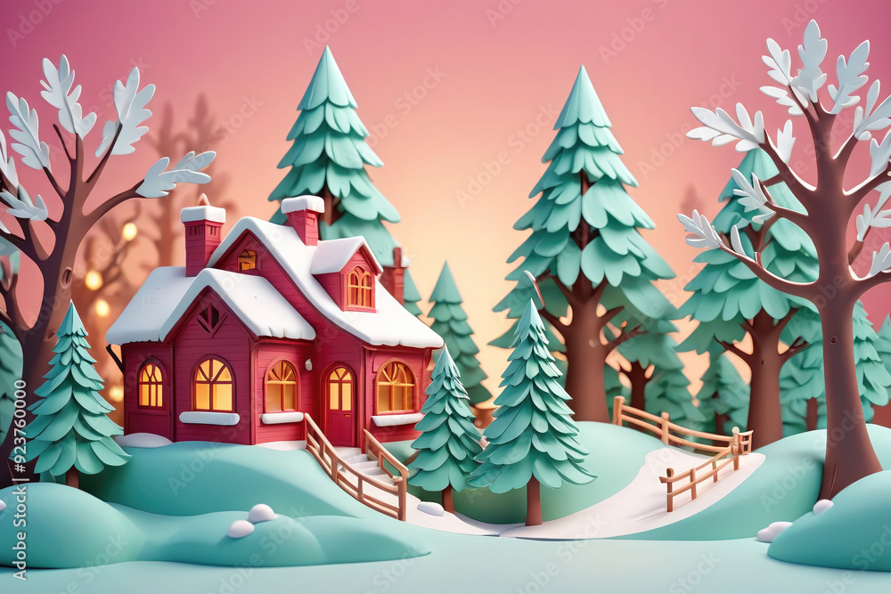 Obraz premium Charming Snow-Covered Cottage Nestled Among Evergreen Trees at Twilight