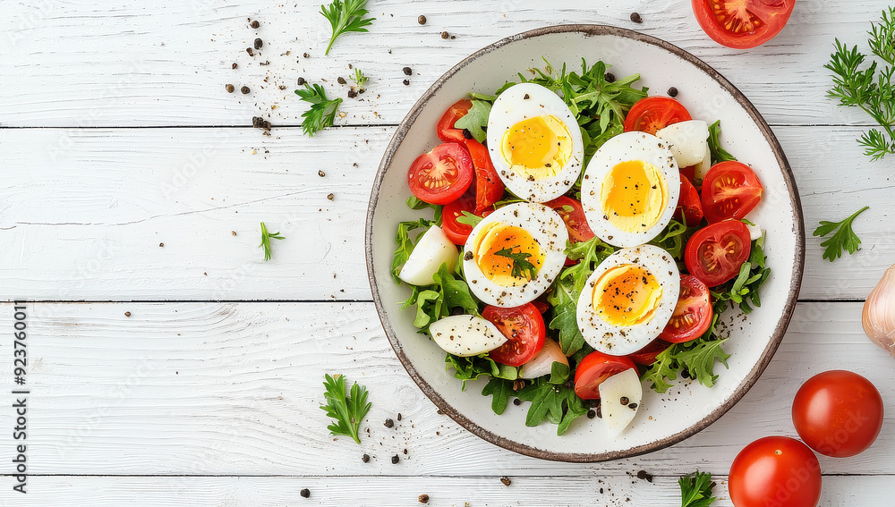 Healthy fresh salad served in a bowl featuring perfectly cooked boiled eggs, cherry tomatoes, and green leaves, garnished with pepper and parsley on a white background. Healthy fresh salad served in a bowl featuring perfectly cooked boiled eggs, cherry tomatoes, and green leaves, garnished with pepper and parsley on a white background.