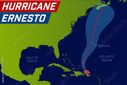 Hurricane Ernesto map of movement. Track, path and forecast. Flat vector illustration.