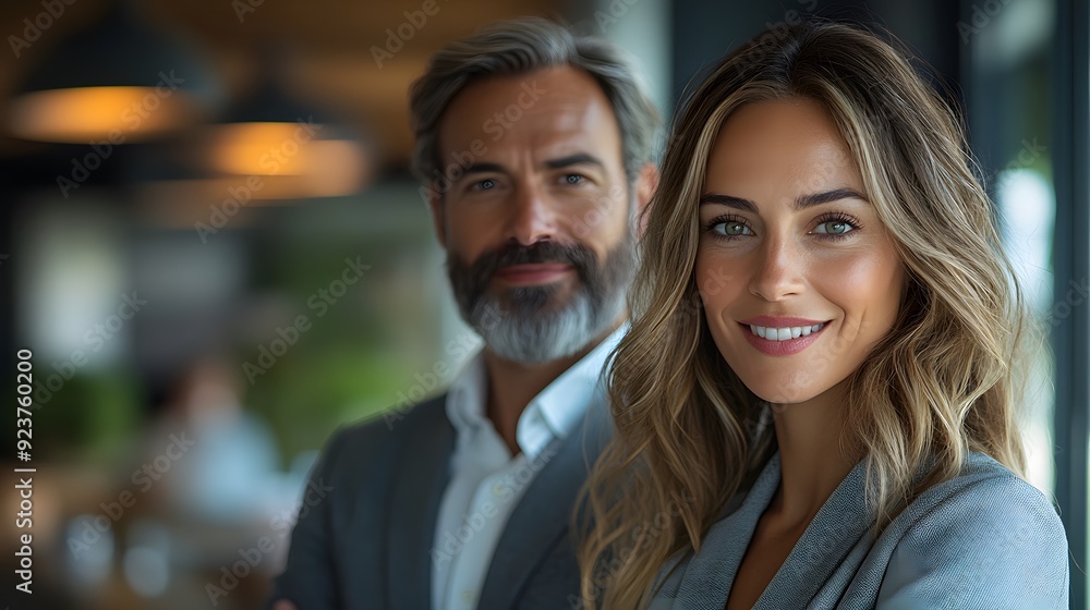 Happy business partners standing together, their confident smiles conveying a sense of accomplishment and partnership. Happy business partners standing together, their confident smiles conveying a sense of accomplishment and partnership.