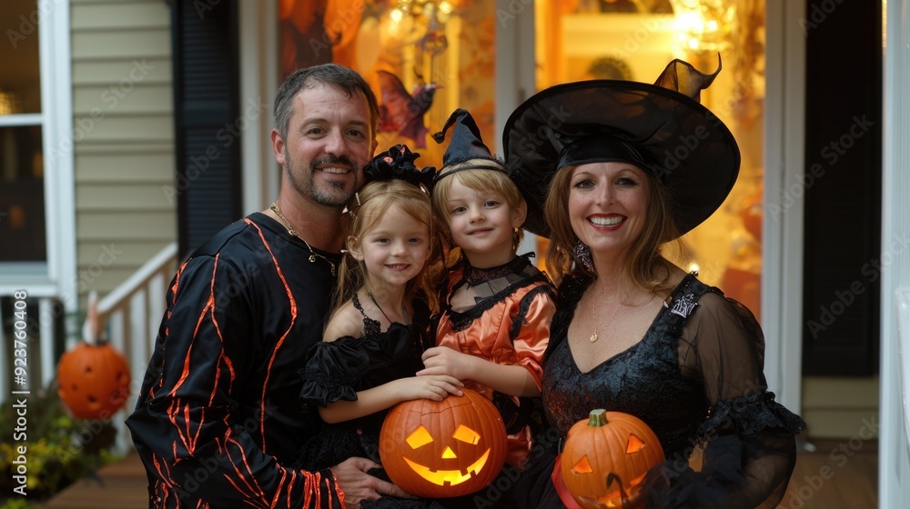 Spooky Fun: Halloween Family in Coordinated Costumes Enjoying Trick or Treating Together Spooky Fun: Halloween Family in Coordinated Costumes Enjoying Trick or Treating Together