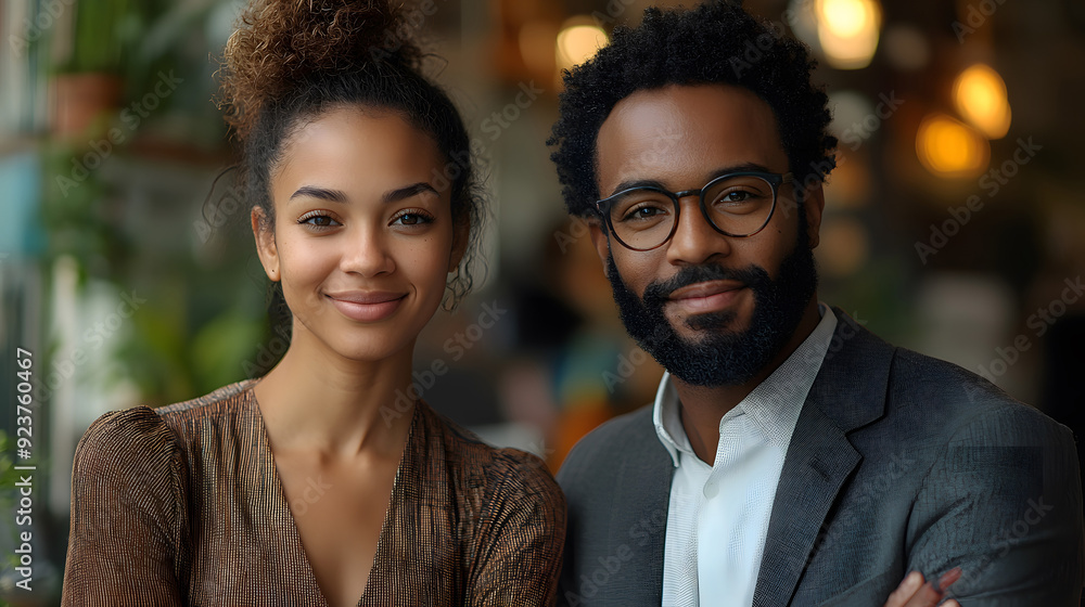 Two business owners smiling confidently, their positive expressions and professional attire creating a strong visual impact. Two business owners smiling confidently, their positive expressions and professional attire creating a strong visual impact.