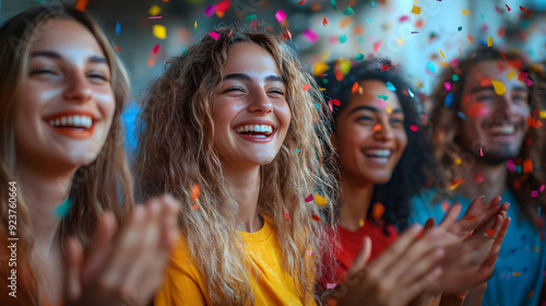 Group of happy individuals standing in a circle, clapping and smiling at each other, their celebration of victory highlighted by colorful confetti. photo