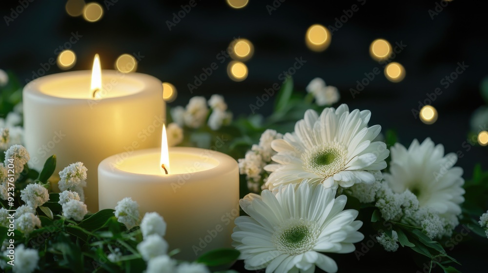 Serene White Candles in Floral Arrangement Serene White Candles in Floral Arrangement
