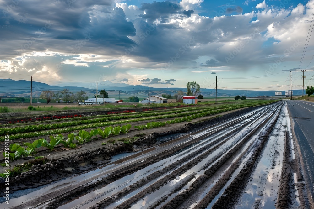 Fototapeta premium Muddy Road with Tire Tracks Reflecting Cloudy Sky.