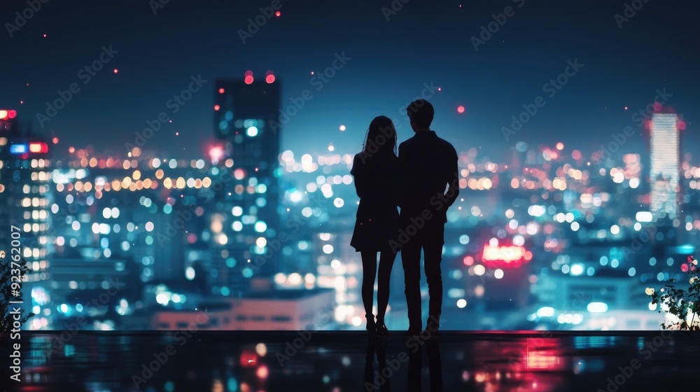 City Lights A couple standing on a rooftop, looking out at the city ...