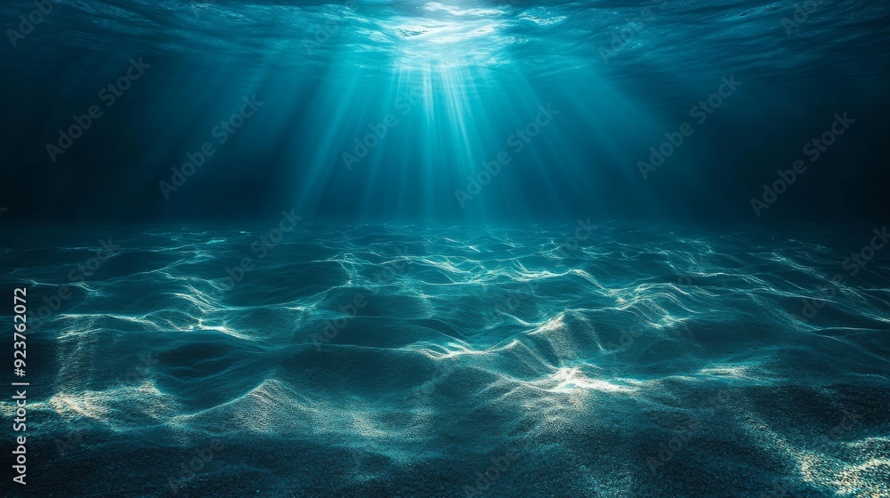 A tranquil underwater scene of the ocean floor with sunlight filtering down through the water A tranquil underwater scene of the ocean floor with sunlight filtering down through the water