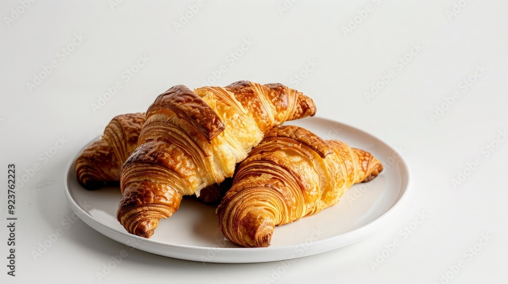 Three Golden Croissants on a White Plate Three Golden Croissants on a White Plate