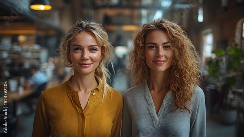 Female colleagues walking side by side in a contemporary office, smiling as they discuss upcoming projects, their successful partnership clear in their confident interaction.