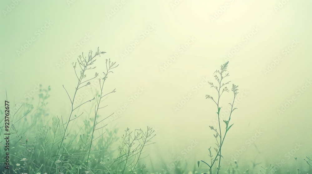 Soft green grass and wild flowers emerge from a thick fog on a misty morning. Soft green grass and wild flowers emerge from a thick fog on a misty morning.