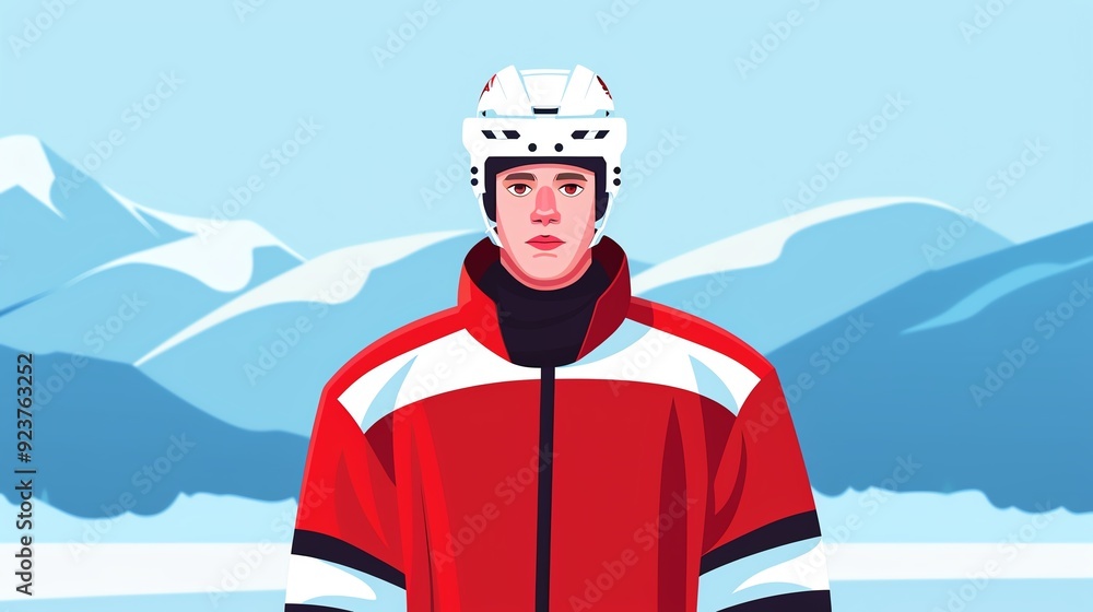 Hockey player in red and white uniform standing on ice with mountains in background Hockey player in red and white uniform standing on ice with mountains in background