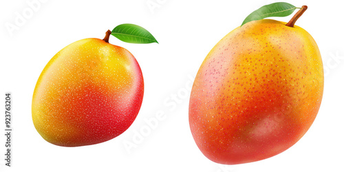 Vibrant and fresh mangoes on a white background, showcasing their juicy, ripe colors and healthy green leaves. photo