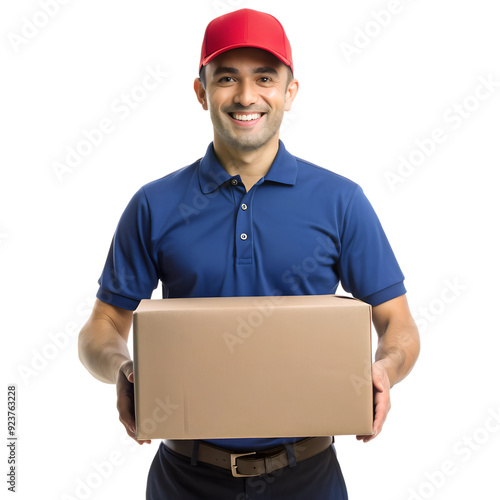 Delivery Man in blue Uniform Holding Cardboard on white background generative AI.