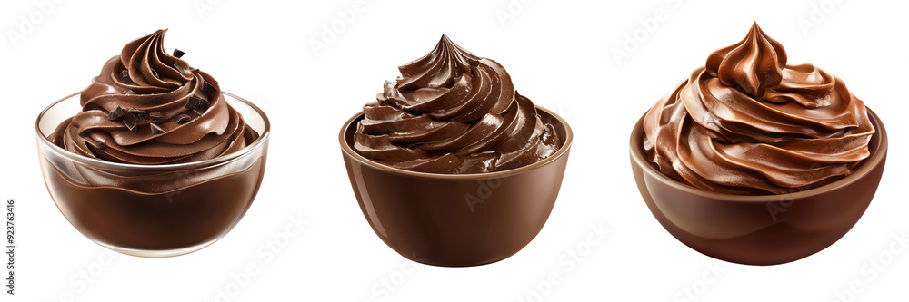 Three delicious bowls of rich chocolate mousse, showcasing different textures and presentation styles for dessert enthusiasts. Three delicious bowls of rich chocolate mousse, showcasing different textures and presentation styles for dessert enthusiasts.