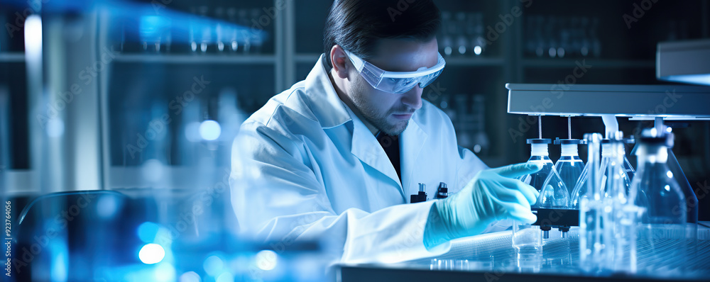Scientist working in a laboratory at night, examining samples with precision and care using advanced equipment and safety gear Scientist working in a laboratory at night, examining samples with precision and care using advanced equipment and safety gear