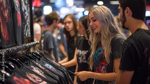 Excited Fans Shopping for Iconic Concert Merchandise at Music Event, Embracing the Music Culture