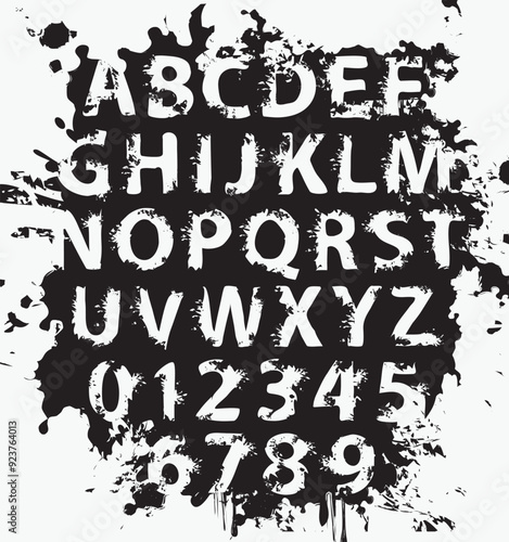 grunge lettering in abstract letters with spots and drips. Vector set of alphabet letters and numbers written in black paint on a light background. Spattered font