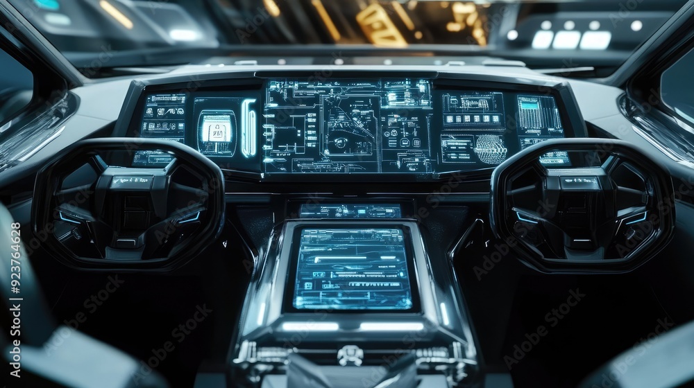 A futuristic dashboard with a heads-up display, showcasing navigation, speed, and environmental controls in a high-tech vehicle. A futuristic dashboard with a heads-up display, showcasing navigation, speed, and environmental controls in a high-tech vehicle.