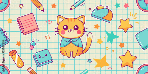 Kids doodle seamless pattern, vector back to school cartoon scribble texture, cute kitten, star. Children kindergarten hand drawn copybook sheet grid, funny colorful baby textile. Kids doodle print