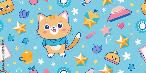 Kids doodle seamless pattern, vector back to school cartoon scribble texture, cute kitten, star. Children kindergarten hand drawn copybook sheet grid, funny colorful baby textile. Kids doodle print