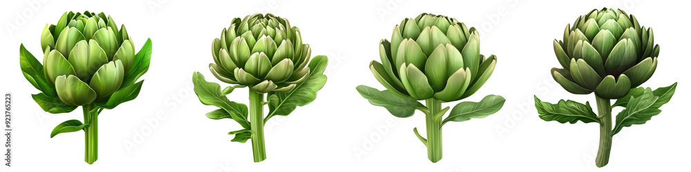 Fototapeta premium Four vibrant artichokes displayed, showcasing various stages of growth. Perfect for culinary or botanical themes.