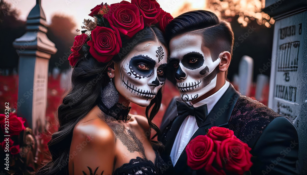 Halloween Gothic couple portrait skeleton with flowers and tattoo Halloween Gothic couple portrait skeleton with flowers and tattoo