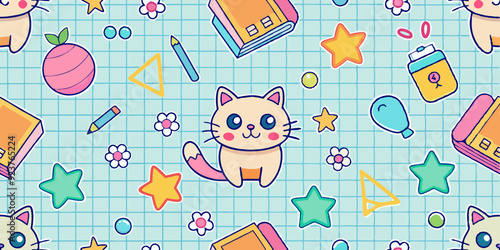 Kids doodle seamless pattern, vector back to school cartoon scribble texture, cute kitten, star. Children kindergarten hand drawn copybook sheet grid, funny colorful baby textile. Kids doodle print