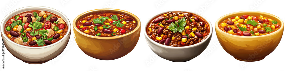 Four delicious bowls of colorful chili filled with vibrant vegetables and spices, perfect for comforting meals or gatherings. Four delicious bowls of colorful chili filled with vibrant vegetables and spices, perfect for comforting meals or gatherings.