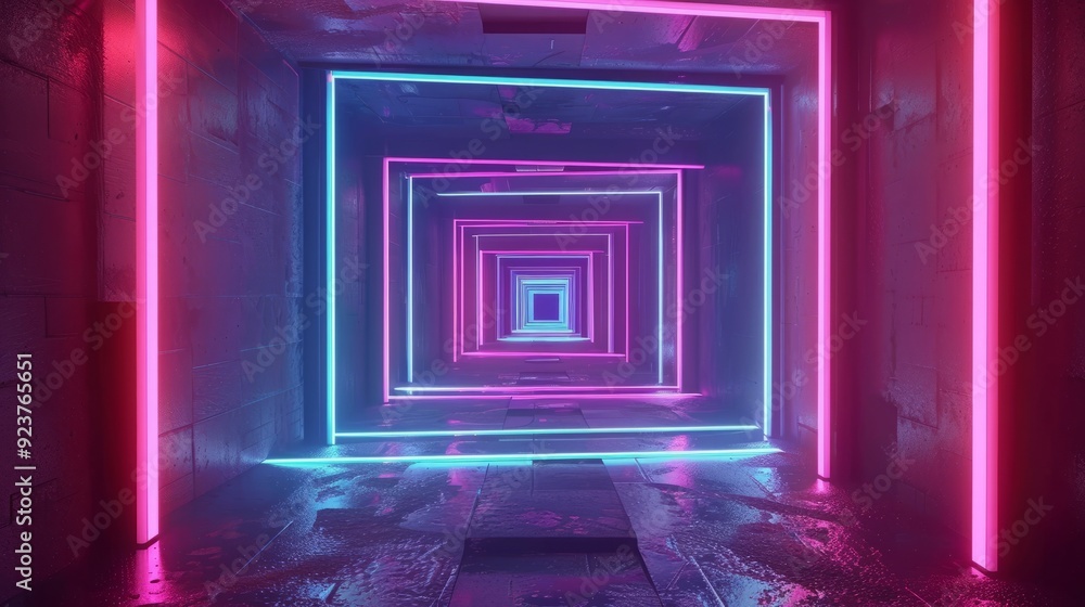 A futuristic tunnel with neon lights in blue and pink colors creating a hypnotic effect. A futuristic tunnel with neon lights in blue and pink colors creating a hypnotic effect.