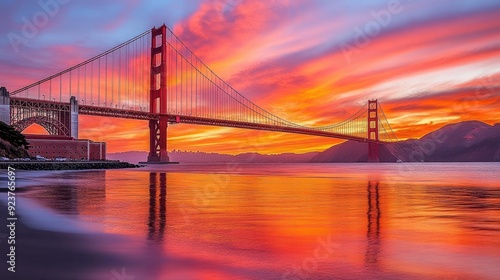 A panoramic view of the Golden Gate Bridge at sunset, with the sky ablaze in orange and pink hues, and the bay reflecting the colors.