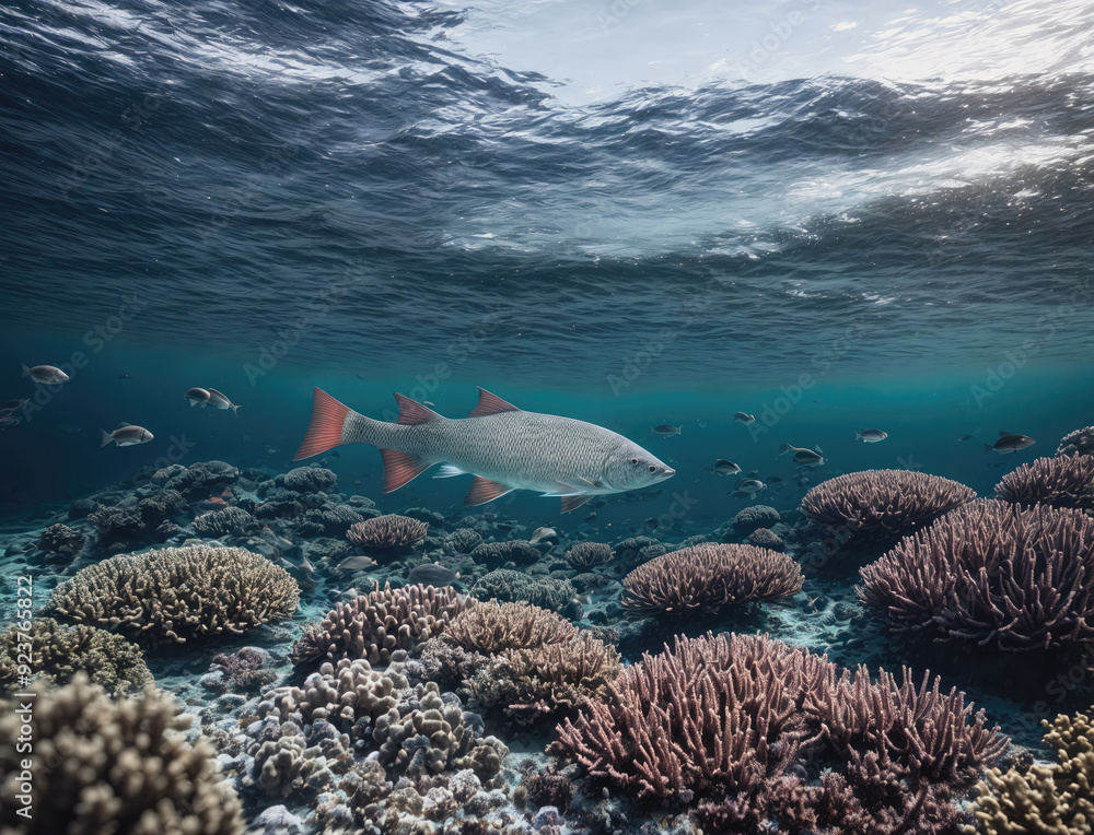 Fototapeta premium Beneath Ocean Waves Schools of Fish Swim Above Vibrant Coral Reefs in Clear Waters