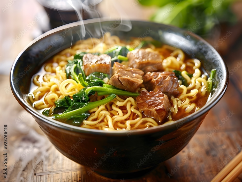 Steaming Bowl of Ramen Noodles with Beef and Spinach. Steaming Bowl of Ramen Noodles with Beef and Spinach.