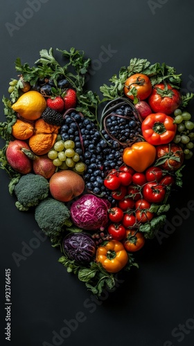 Heart-shaped arrangement of healthy foods, colorful fruits, and leafy greens