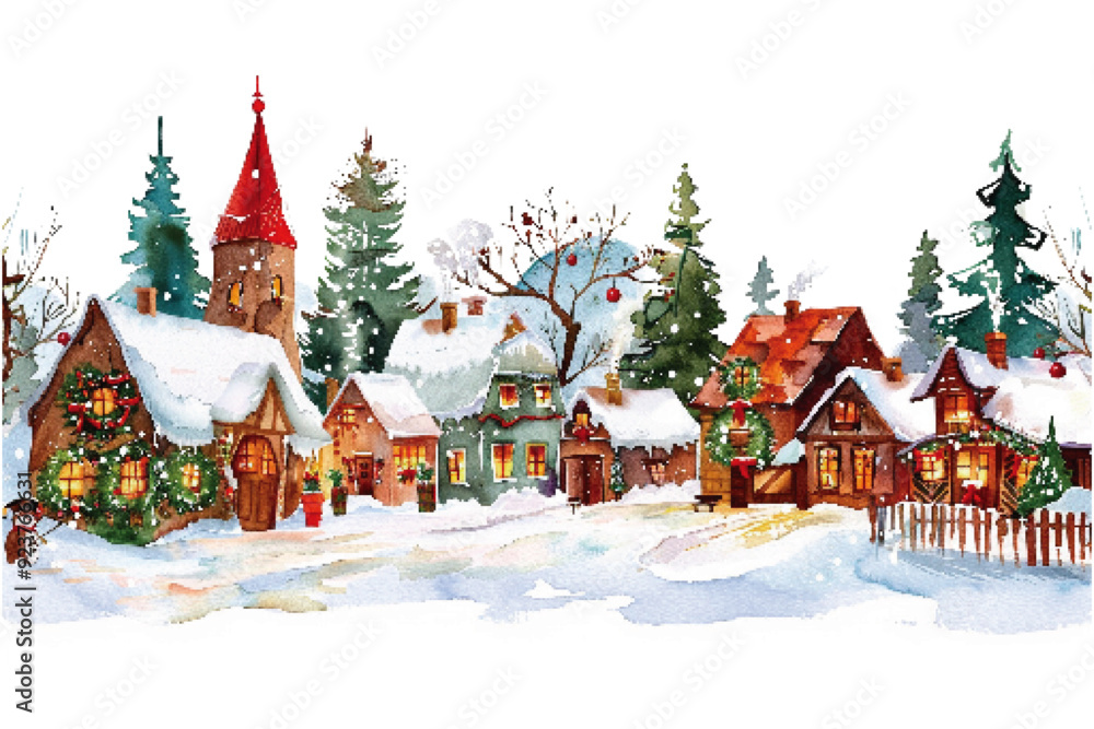 Charming watercolor illustration of a snowy Christmas village with decorated cottages, evergreen trees, and festive lights on a wintery day. Watercolor snowy Christmas village with decorated cottages

