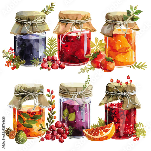 set of cute watercolor Autumn fruit jams