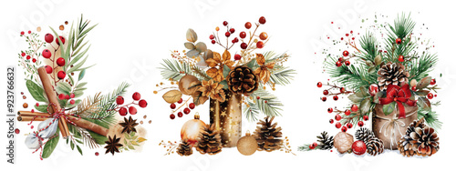 Three festive Christmas floral arrangements featuring pinecones, red berries, and seasonal greenery, perfect for holiday decor and design. Christmas Floral Arrangements with Pinecones and Berries

