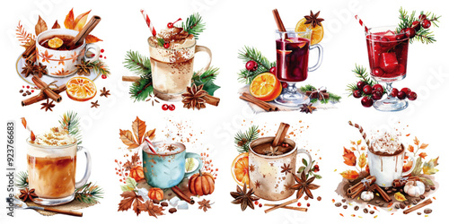 A collection of eight festive hot drinks, including mulled wine, hot chocolate, and spiced lattes, garnished with seasonal spices and fruits. Assorted Festive Hot Drinks with Spices Fruits vectors

