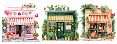 Charming watercolor illustration of three quaint storefronts with colorful striped awnings, showcasing a sweet shop, plant store, and boutique. Watercolor storefronts of quaint shops with striped awn
