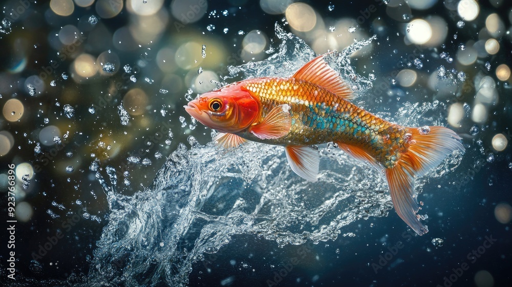 A vivid moment captured as a fish leaps out of the water, droplets splashing around, frozen in mid-air with vibrant scales catching the light. A vivid moment captured as a fish leaps out of the water, droplets splashing around, frozen in mid-air with vibrant scales catching the light.