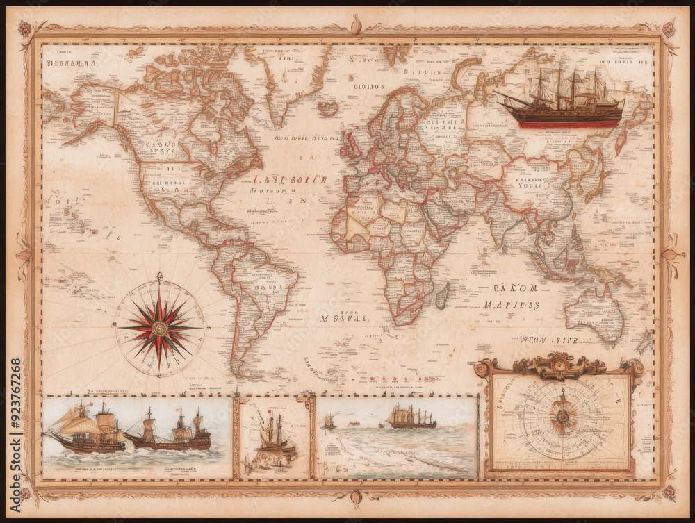 Obraz premium Exploring the Age of Discovery: A Detailed Map Showcasing Columbus' Routes Across the Globe and Maritime Adventures