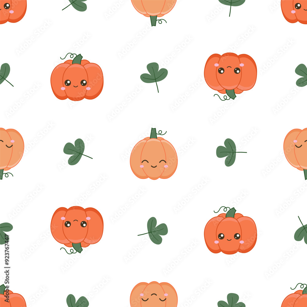 Fototapeta premium Harvest festival background. A ripe pumpkin with a cute face. Seamless pattern with kawaii vegetable character