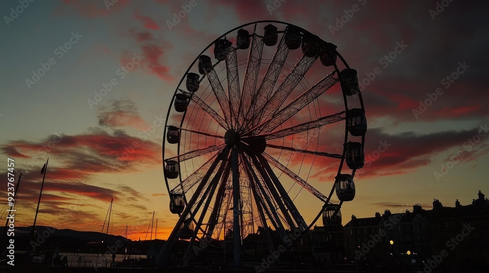 The Ferris wheel at sunset, with the sky ablaze in orange and pink hues, the silhouette of the wheel creating a stunning contrast. The Ferris wheel at sunset, with the sky ablaze in orange and pink hues, the silhouette of the wheel creating a stunning contrast.