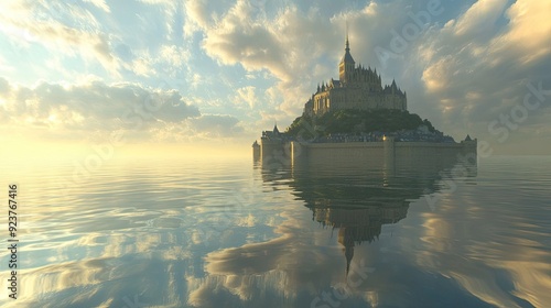 Mont Saint-Michel at high tide, with the island fortress appearing to float on the water, the sky reflecting in the calm sea.