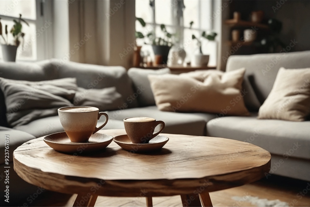 Cozy Living Room with Coffee Cups on Wooden Table Cozy Living Room with Coffee Cups on Wooden Table