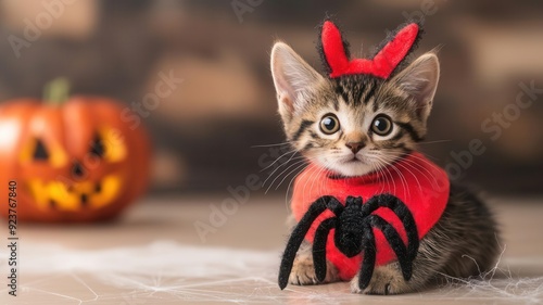 Kitten dressed as a spider, cobwebfilled room, Halloween night photo