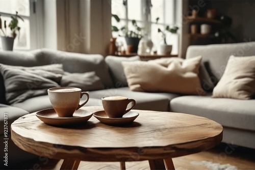 Wallpaper Mural Cozy Living Room with Coffee Cups on Wooden Table Torontodigital.ca